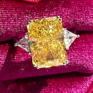 7 Carat Fancy Yellow Diamond Simulant HUGE Ring 14x10mm, Yellow Radiant Exquisite Ring Vintage/Party Queen ART DECO Ring S925/14k/18K