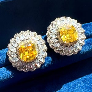 Pendiente de halo de diamante de flor de margarita amarilla canaria, exquisito estilo floral ART DECO, pendiente de boda, pendiente floral hermoso y único S925