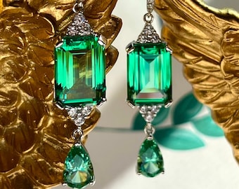 Fabulous Emerald Earring Earring Exquisite Jewelry Vintage style ART DECO Earring 925 silver w 18KGP May Birthstone