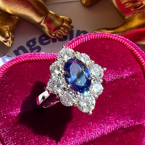Royal Light Blue Sapphire Halo Ring, Tanzanite Blue Halo Ring, DIANA Princess Royal Blue Sapphire Halo Deep Royal Blue Ring s925 w 18KGP