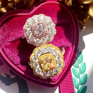 5 Carat Halo Ring Canary Yellow / Pink Diamond Simulant Ring Vintage ART DECO Style Statement Engagement Halo Ring S925