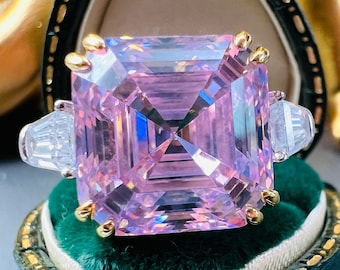 Anel de três pedras com diamante rosa de 5 quilates em corte baguete, estilo vintage Art Déco, perfeito para noivado ou aniversário em ouro 925/14K/18K.