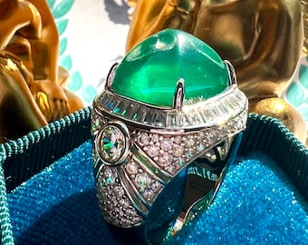 Anniversary Sugar-Loaf Cut Emerald Color Halo Ring Exquisite Jewelry Vintage style ART DECO design Ring 925 silver with 18KGP Aug Birthstone