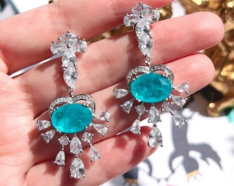 BLUE PARAIBA TOURMALINE Earring/Magnificent Chandelier Earrin/Art Deco Style/ Exotic Neon Vivid Blue Color & Glow/ Ice Blue Color Earring