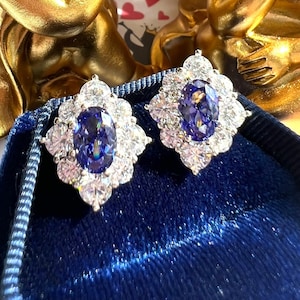 ROYAL Blue SAPPHIRE Stud Earring/Deep Blue ROYAL Diana Style/Deep Blue Royal Sapphire Stud Earring/Halo Earring Victorian Style S925 w 18KGP