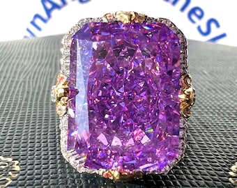 10 Carat Amethyst Ring Classic Rectangular Ring 10*14 mm Violet Amethyst Simulant Anniversary Statement Ring S925/ 14K /18K Gold