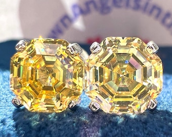 1 Ct/ 2 Tcw Canary Hexagon Earrings Stud Lab Grown Diamond Simulant S925/ 14k/ 18K Gold