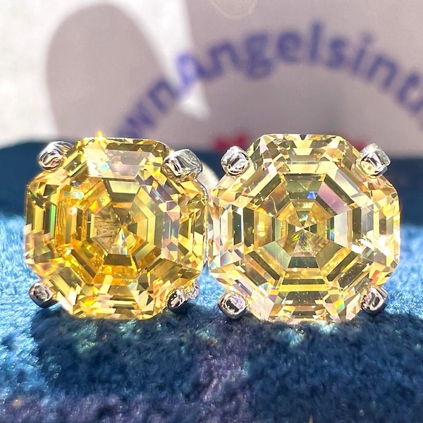 1 Ct/ 2 Tcw Canary Hexagon Earrings Stud Lab Grown Diamond Simulant S925/ 14k/ 18K Gold