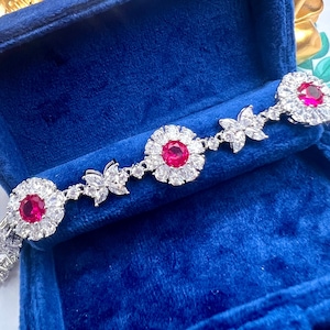 Genuine Lab-Grown Red Ruby Bracelet, Super Luxury Halo Ruby Bracelet, PIGEON BLOOD Ruby Bracelet For July Birthstone S925 w 18KGP