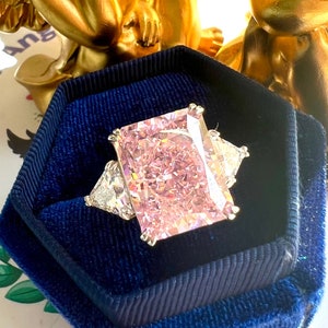12 karaat Asscher geslepen levendige roze diamanten ring, ring met drie stenen voor beste verjaardag S925/14k/18K