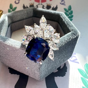 Genuine Lab-Grown Blue Sapphire, Luxury Flower Floral Ring Jewelry, Unique Design Victorian Floral Style Sep BIRTHSTONE S925 w 18KGP