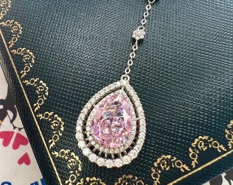 7 Carat Pink Diamond Simulant Necklace, Fancy Pink Party Queen Long Tail Necklace, Royal and Elegance Gift, S925 14K 18K Gold