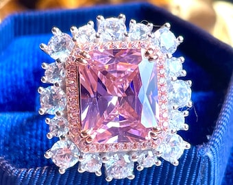 10ct Fancy PINK Diamond Simulant Halo Ring, Exquisite Vintage ART DECO Floral Ring, Party Queen Ring, Engagement Floral Beautiful 925 Silver