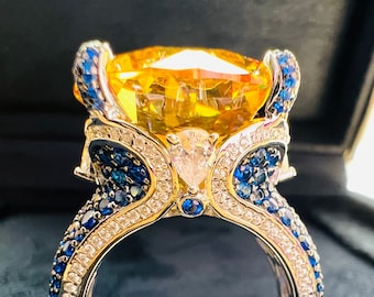 40 Carat Jumbo Fancy Yellow Lab Grown Diamond Simulant Ring, Round Super Luxury Anniversary Ring S925/14k/18K Gold
