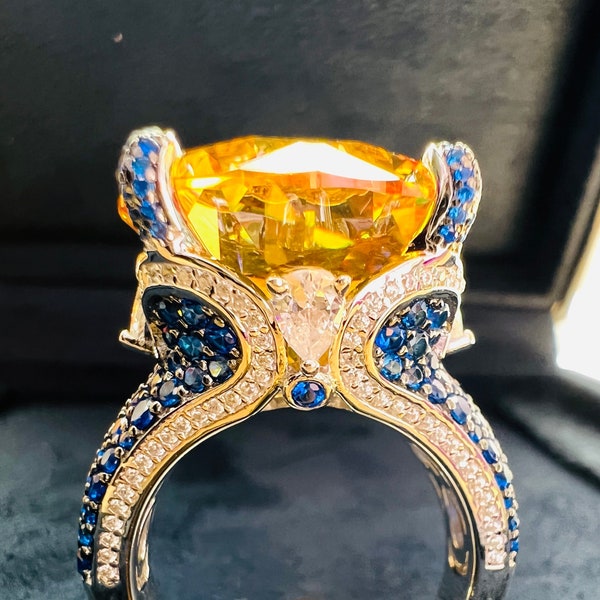40 Carat Jumbo Fancy Yellow Lab Grown Diamond Simulant Ring, Round Super Luxury Anniversary Ring S925/14k/18K Gold