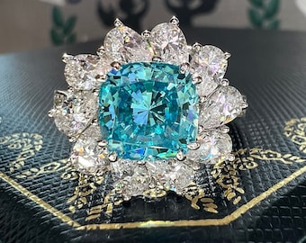 5 Carat Cushion Cut Royal Ocean Blue Diamond Simulant Statement Promise Anniversary Ring S925/14K/18K Gold