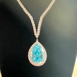 50+ TCW Titanic Blue Aquamarine Luxury Pear Necklace Fancy Cut fancy Aqua Ocean blue Pendant Halo Best Gift for her S925/14K/18K Gold