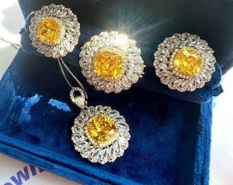 3 Pieces Set Canary Yellow Daisy Flower Diamond Jewelry Set, Exquisite ART DECO Floral Style, Lovely Daisy Ring Floral Set S925 w 18KGP