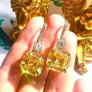 CANARY Yellow Diamond Asscher Cut 14x14mm Luxury Earring  Exquisite Vintage style ART DECO Design Earring  925 silver with 18KGP