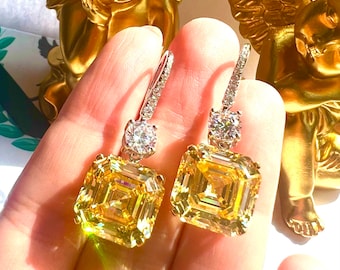CANARY Yellow Diamond Asscher Cut 14x14mm Luxury Earring  Exquisite Vintage style ART DECO Design Earring  925 silver with 18KGP