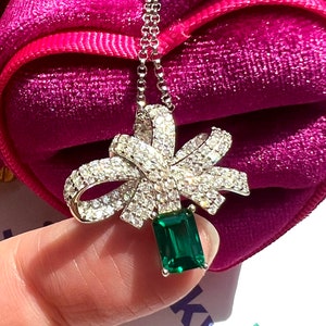 Cupid Bow Genuine Lab-Grown Emerald Pendant, Luxury Bow Pendant Emerald Unique Design Best Gift for Her S925 w 18KGP