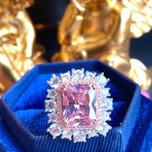 10ct Super Luxury PINK Diamond Halo Ring, Exquisite Vintage ART DECO Floral Style, Party Queen Ring, Engagement Floral Beautiful Unique S925
