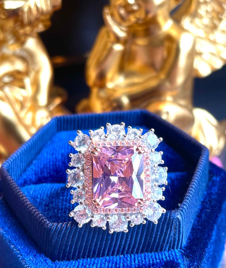 10ct Super Luxury PINK Diamond Halo Ring, Exquisite Vintage ART DECO Floral Style, Party Queen Ring, Engagement Floral Beautiful Unique S925