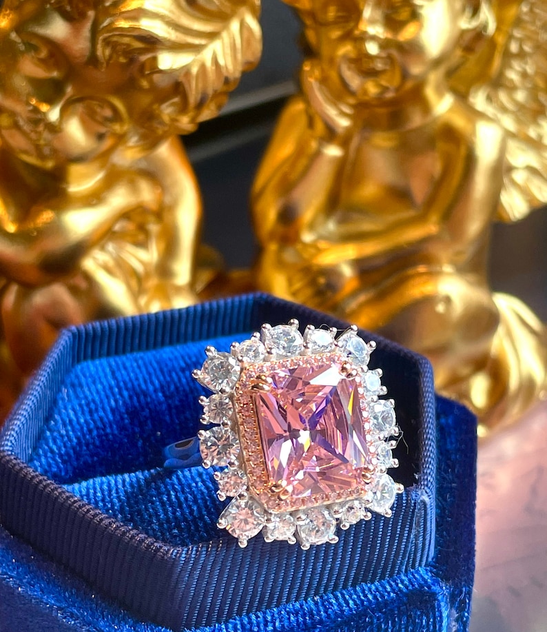 10ct Super Luxury PINK Diamond Halo Ring, Exquisite Vintage ART DECO Floral Style, Party Queen Ring, Engagement Floral Beautiful Unique S925