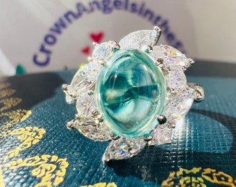 3 Carat Cabochon Royal Ocean Blue Sapphire Simulant Statement Promise Anniversary Ring S925/14K/18K Gold