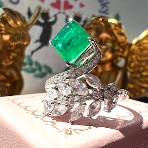 5 Carat Doublet Emerald w Top Rhinestone Ring Exquisite Vintage ART DECO Style Ring S925/14K/18K May Birthstone