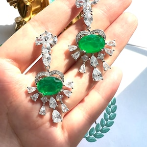 EMERALD EARRING/Luxury Vibrant Green Emerald/Dangle Chandelier Earring/Emerald Halo Earrings/Neon Glowing Vivid green Emerald Victoria Style