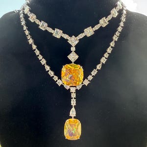 SUPER LUXURY Victorian Style Canary Yellow Necklace, Diamond Simulant Party Queen Must Have Necklace S925/14K/18K
