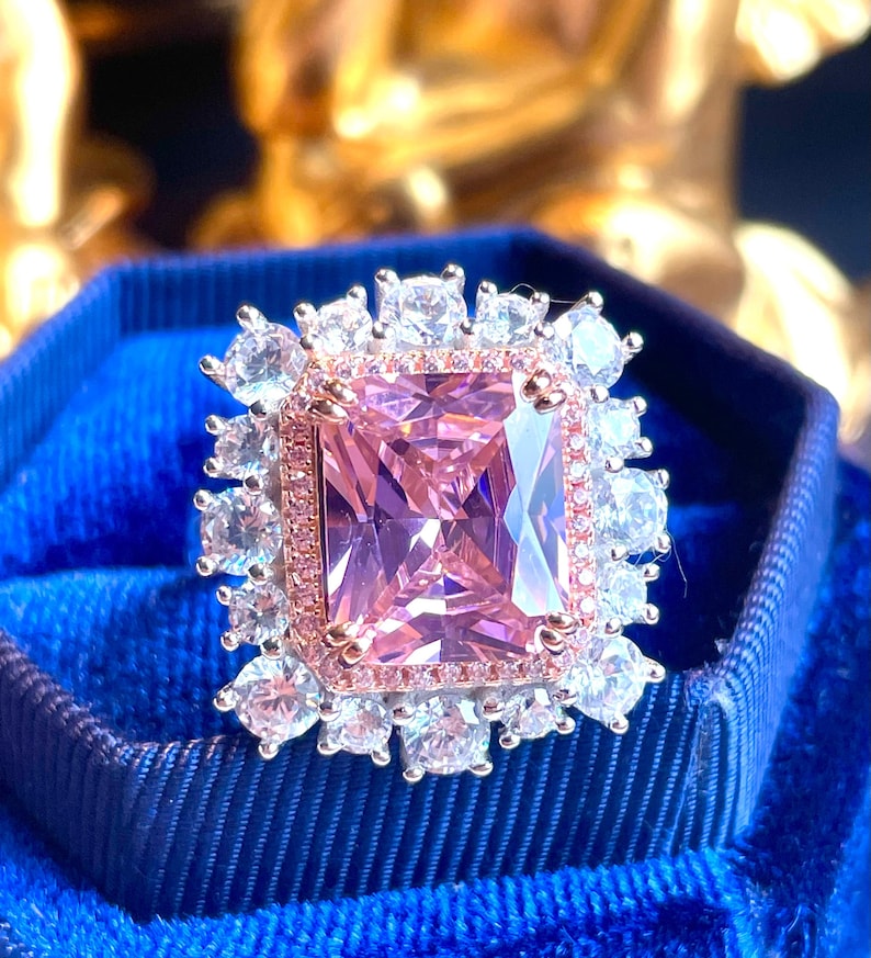 10ct Fancy PINK Diamond Simulant Halo Ring, Exquisite Vintage ART DECO Floral Ring, Party Queen Ring, Engagement Floral Beautiful 925 Silver