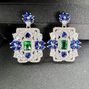 Victoria Earring, Vibrant Green Emerald Earring, Dangle Chandelier Halo Earrings, Neon Glowing Muzo Green Emerald Victorian Style 18KGP