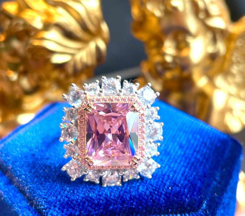 10ct Super Luxury PINK Diamond Halo Ring, Exquisite Vintage ART DECO Floral Style, Party Queen Ring, Engagement Floral Beautiful Unique S925