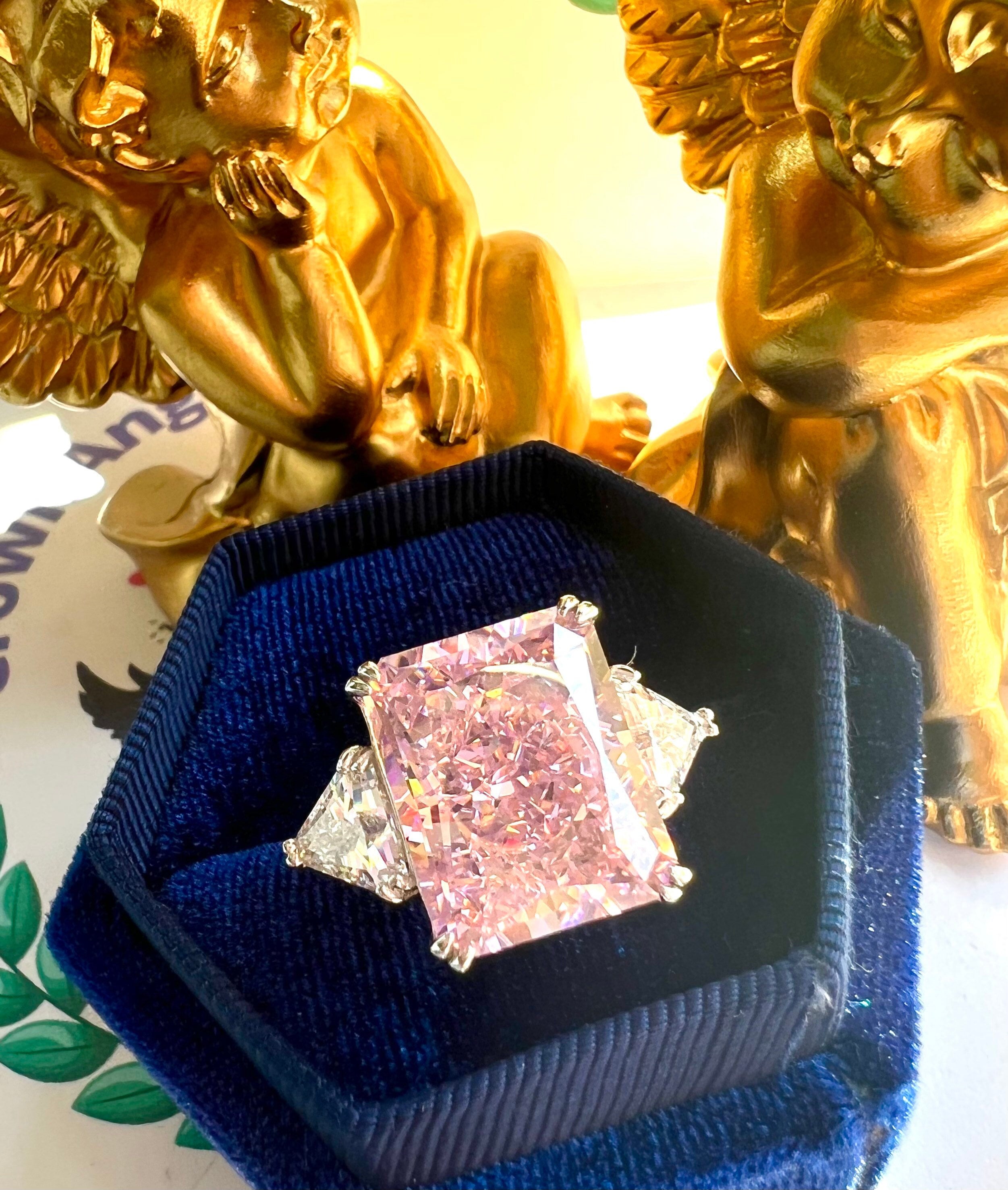 12 Carat Asscher Cut Vivid Pink Diamond Ring, Best Anniversary Three Stone Ring S925/14k/18K
