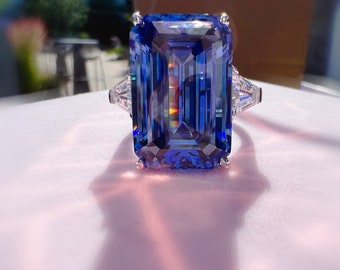 29 Carat Emerald Cut Three Stone Grayish Blue SAPPHIRE Simulant Ring Fabulous Anniversary Engagement Ring S925/14K/18K