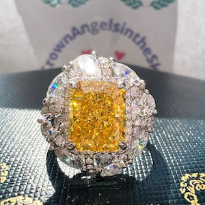 Canary Diamond Cushion Ring HUGE Yellow Cuision Radiant Exquisite Jewelry Vintage/Party Queen Style ART DECO Ring S925/14K/18K Gold