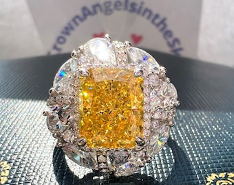 Canary Diamond Cushion Ring HUGE Yellow Cuision Radiant Exquisite Jewelry Vintage/Party Queen Style ART DECO Ring S925/14K/18K Gold
