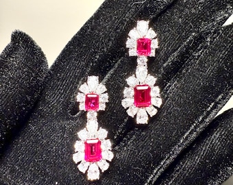 Fabulous Lab-Create Ruby 36x11mm Earring lovely Exquisite Jewelry Facet ART DECO design Ring 925 silver with 18KGP High-End