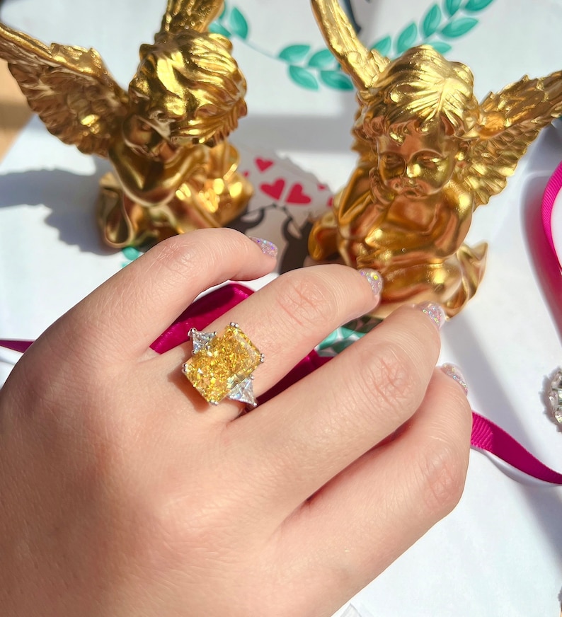 7 Carat Fancy Yellow Diamond HUGE Ring 14x10mm, Yellow Radiant Exquisite Ring Vintage/Party Queen Style ART DECO Ring S925/14k/18K