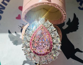 10 Carat Fancy PINK Diamond Simulant Halo Ring, Exquisite Vintage ART DECO Pear Ring, Party Queen Ring, Engagement Ring S925/14K/18K Gold