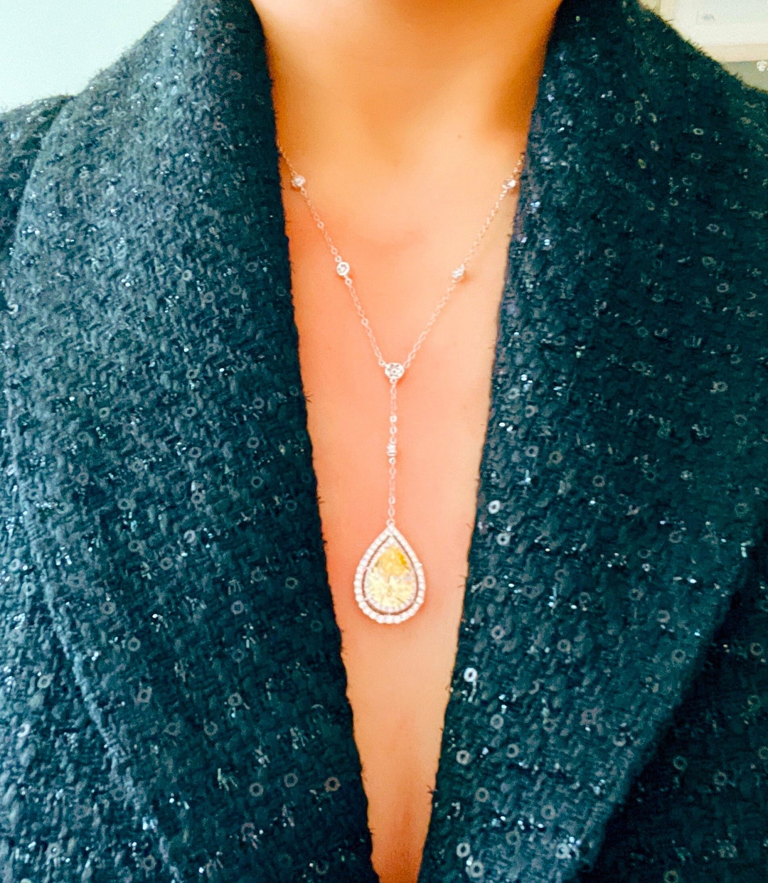 7 Carat Lab Grown Canary Diamond Simulant Necklace, Fancy Yellow Party Queen Long Tail Necklace