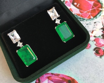 EMERALD EARRING  Luxury Vibrant Green Emerald MINIMALIST Bio-color Earrings, Emerald Halo Earrings, Neon Glowing Muzo Green Emerald