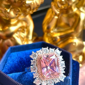 10ct Super Luxury PINK Diamond Halo Ring, Exquisite Vintage ART DECO Floral Style, Party Queen Ring, Engagement Floral Beautiful Unique S925