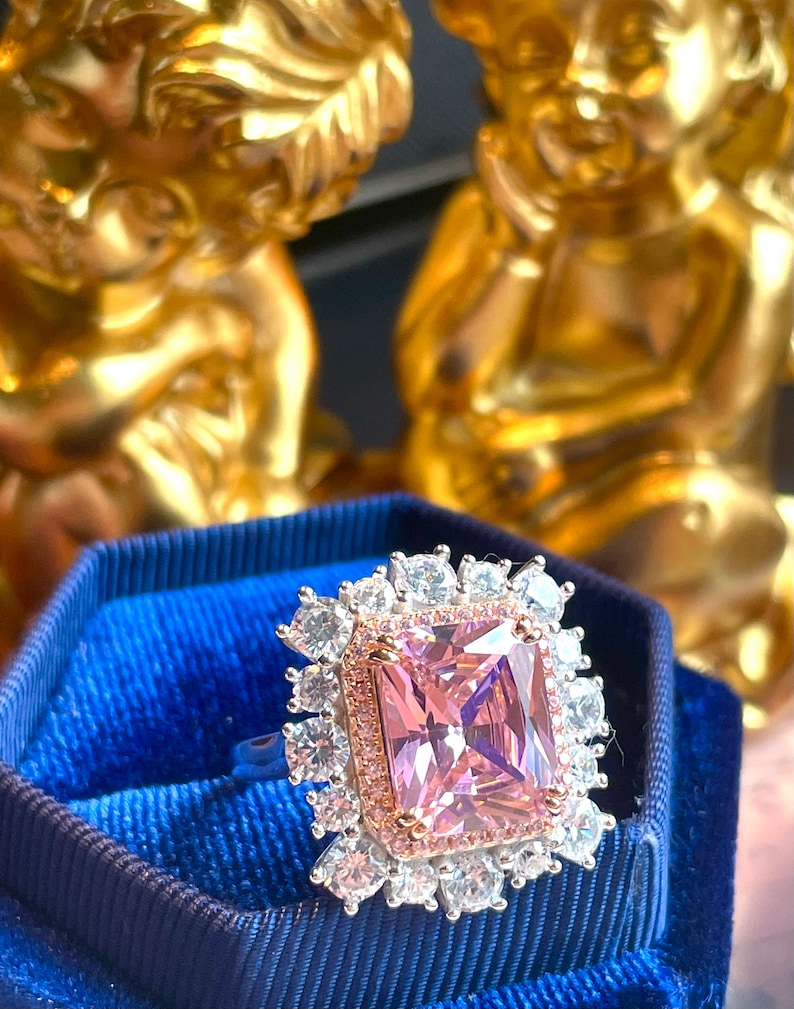 10ct Super Luxury PINK Diamond Halo Ring, Exquisite Vintage ART DECO Floral Style, Party Queen Ring, Engagement Floral Beautiful Unique S925