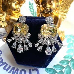 Light CANARY Yellow Diamond Asscher Cut 8x10mm Luxury Earring  Exquisite Vintage style ART DECO Design Earring  925 silver with 18KGP