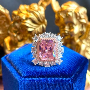 10ct Super Luxury PINK Diamond Halo Ring, Exquisite Vintage ART DECO Floral Style, Party Queen Ring, Engagement Floral Beautiful Unique S925