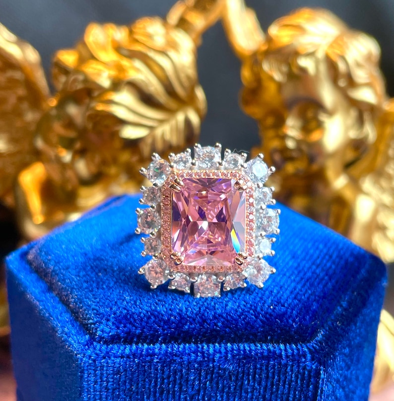 10ct Super Luxury PINK Diamond Halo Ring, Exquisite Vintage ART DECO Floral Style, Party Queen Ring, Engagement Floral Beautiful Unique S925