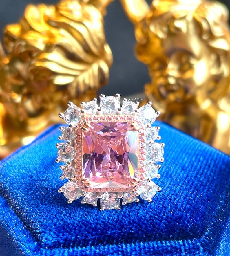 10ct Super Luxury PINK Diamond Halo Ring, Exquisite Vintage ART DECO Floral Style, Party Queen Ring, Engagement Floral Beautiful Unique S925
